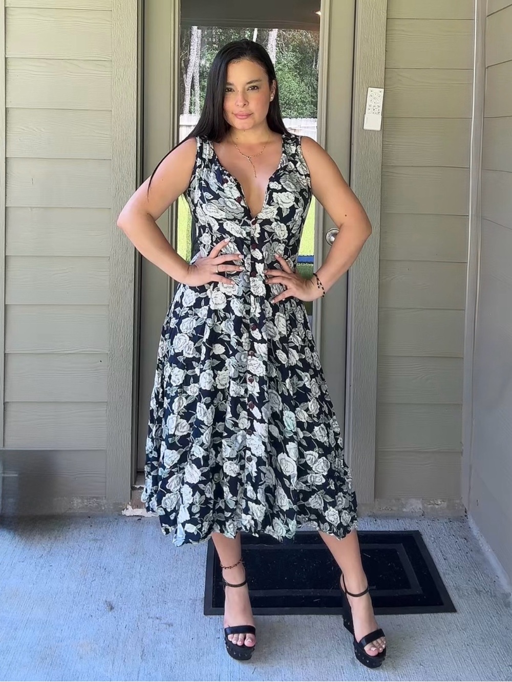 Vintage Le Chateau Floral Rayon Midi Dress w/ Pockets Size M